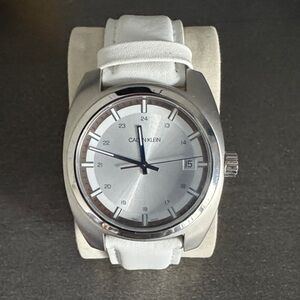 Calvin Klein Silver Dial White Leather Strap Watch